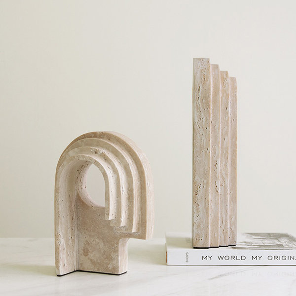 Abstract Geometric Bookends - Travertine - Artistic Decor