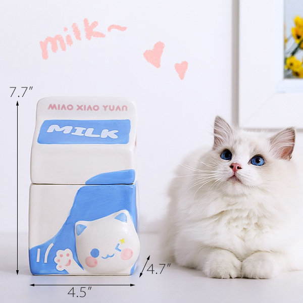 Milk Carton Cat Bowl Set - Whimsical Feeding Fun - Quirky Cat Accessory
