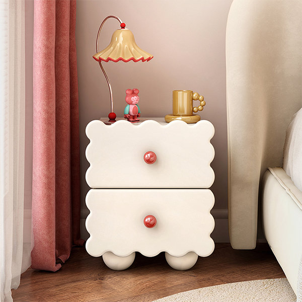 White Biscuit-Shaped Nightstand - Cream Body, Red Knob Handles - Double Drawers