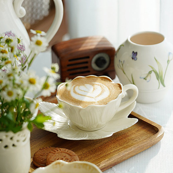 Embossed Coffee Cup And Saucer - Ceramic - White - Beautiful Design
