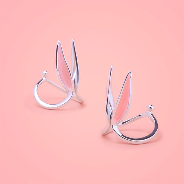 Pink Bunny Ears Open Ring - Silver - Polished Mirror Finish