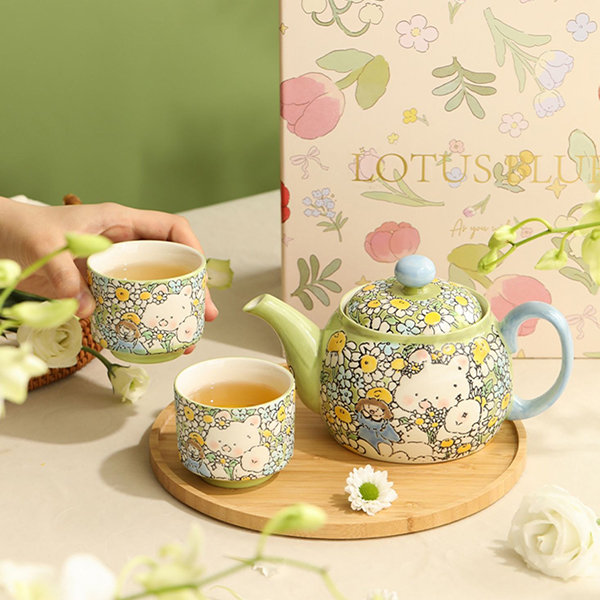 Hand-Painted Daisy Bunny Tea Set - Whimsical Tea Time - Charming Ceramics  from Apollo Box