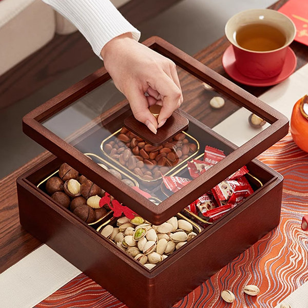 Square Wooden Candy and Snack Storage Box - Glass Bowls - Four-Compartment  - ApolloBox