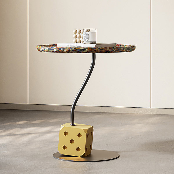 Italian Minimalist Dice Inspired Side Table - Rainbow Tabletop - Curved Column